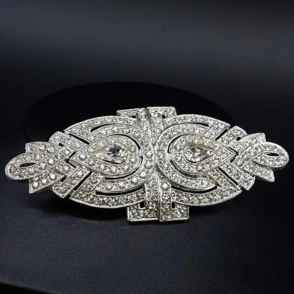 Vintage Pot Metal Art Deco Geometric Brooch Pin Silver-Tone Clear Stones